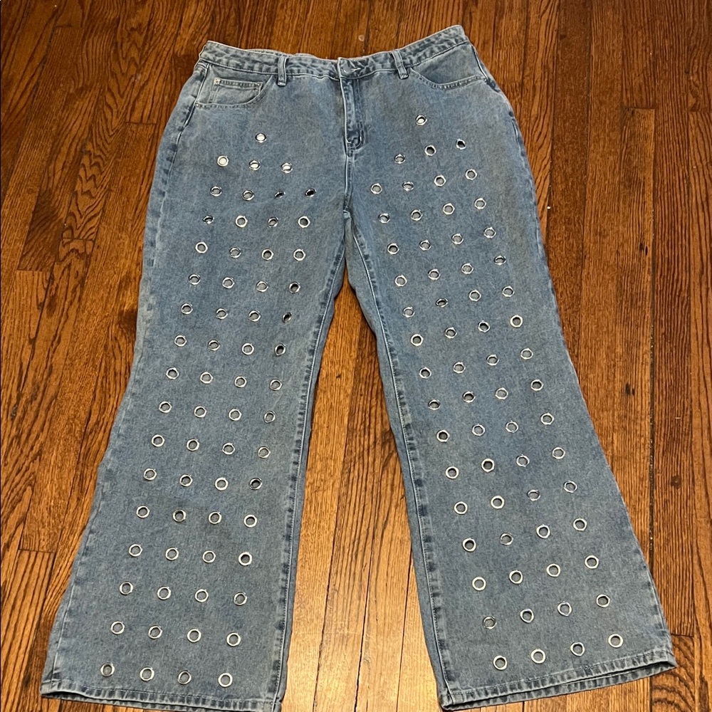 Fashion Nova Blue Flare Jeans with Silver Eyelets